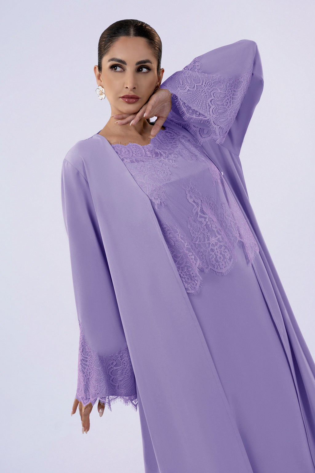 Shaden Lavender- Lace Abaya with Lace Inner Dress Set
