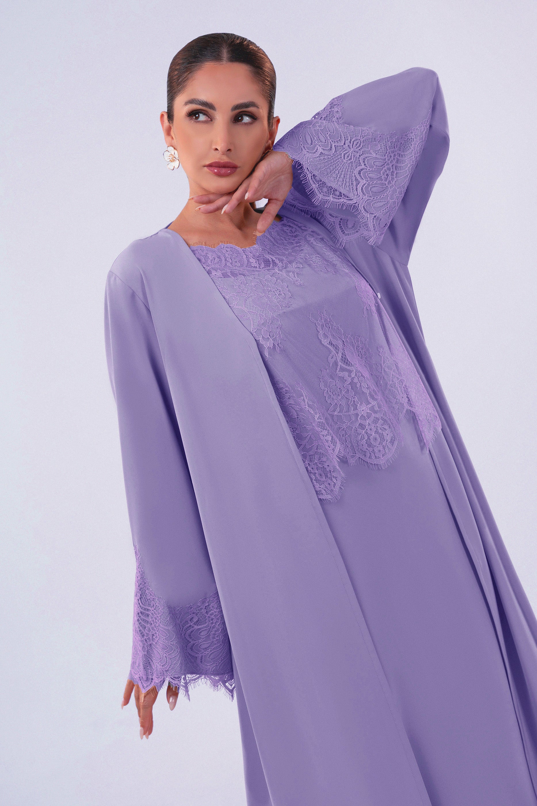 Shaden Ruby- Lace Abaya with Lace Inner Dress Set