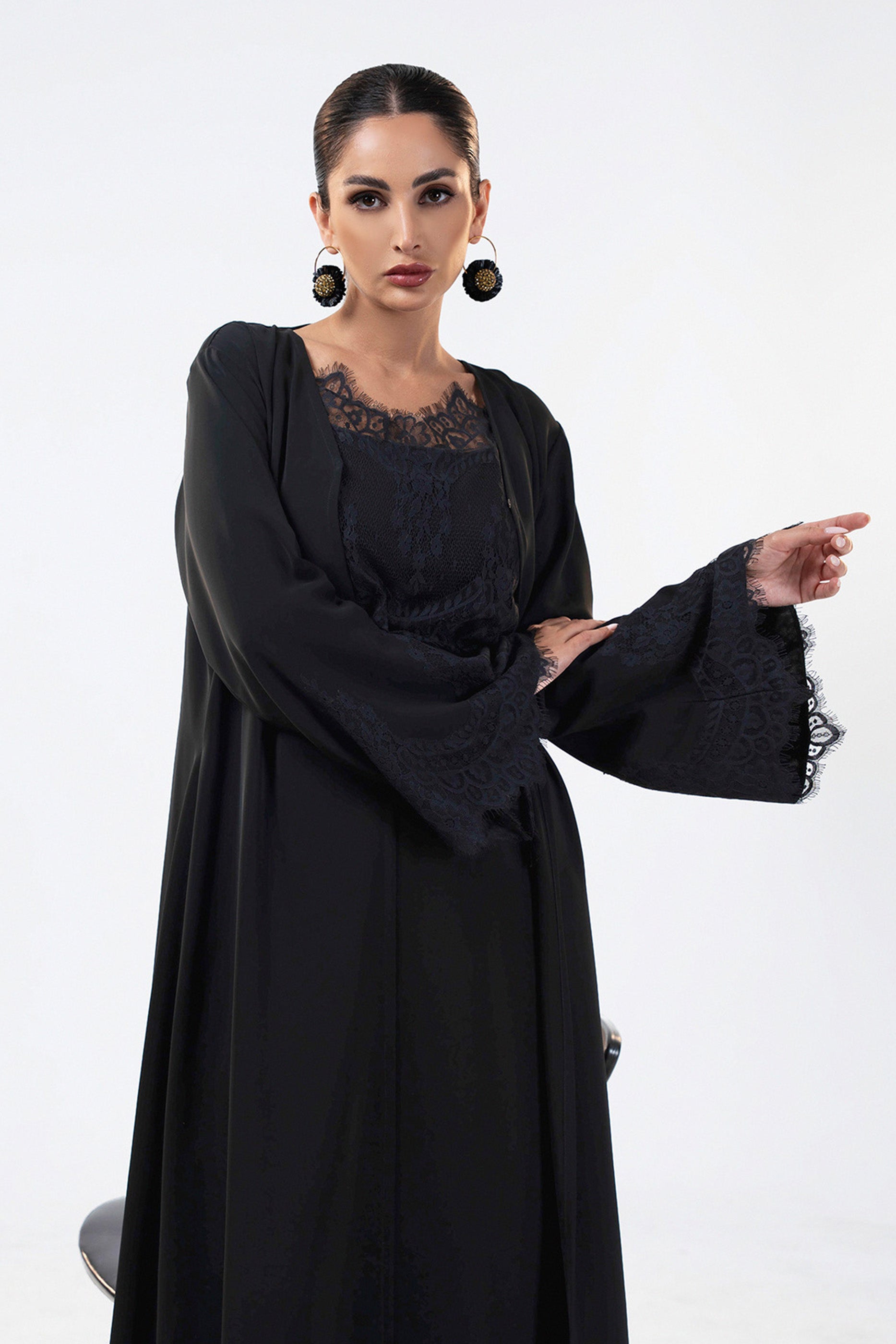 Shaden Sand- Lace Abaya with Lace Inner Dress Set