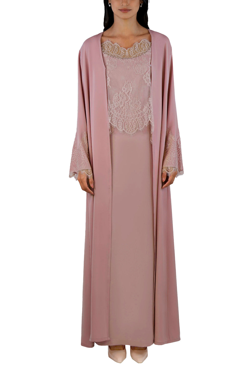 Shaden Blush - Lace Abaya with Lace Inner Dress Set