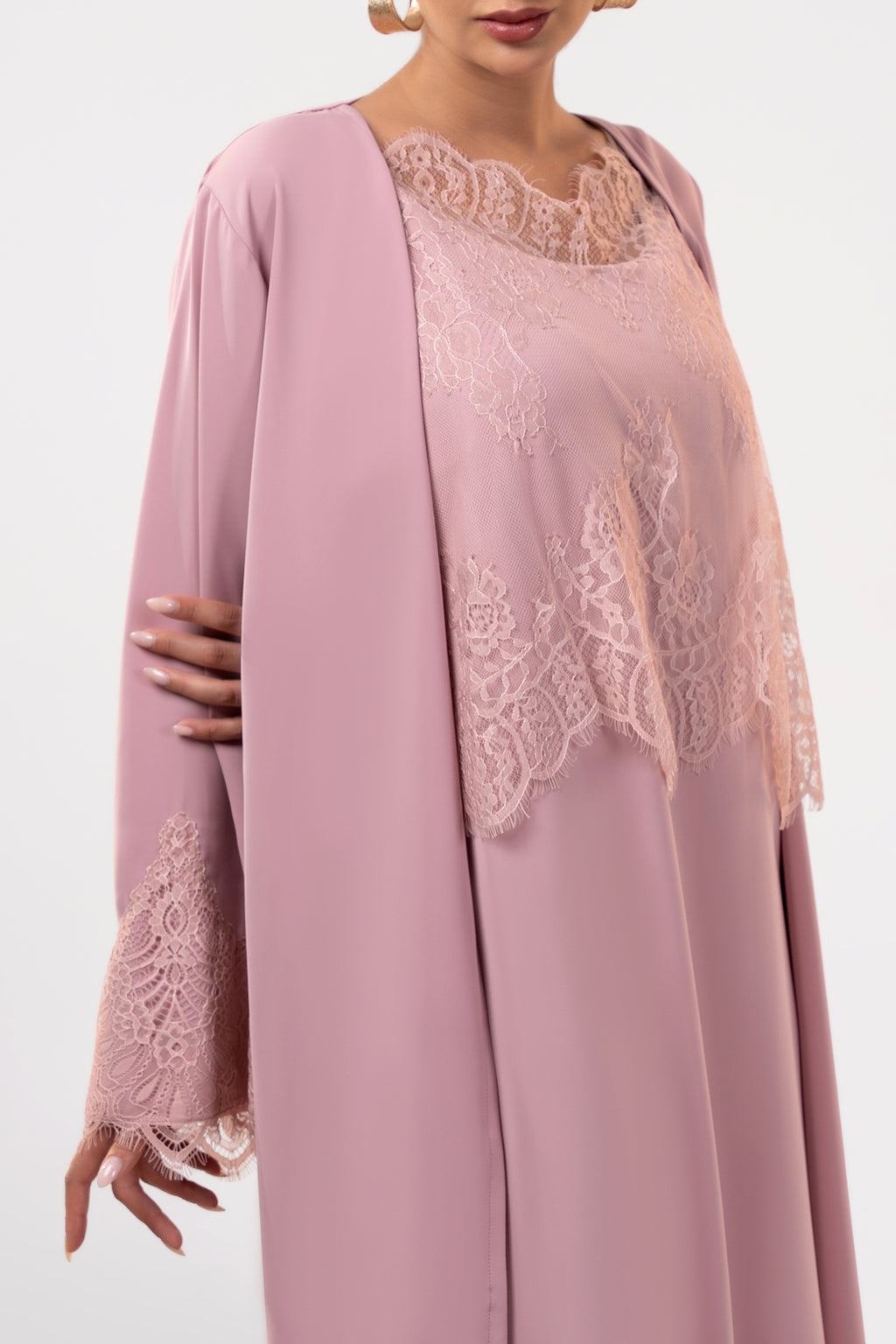 Shaden Blush - Lace Abaya with Lace Inner Dress Set