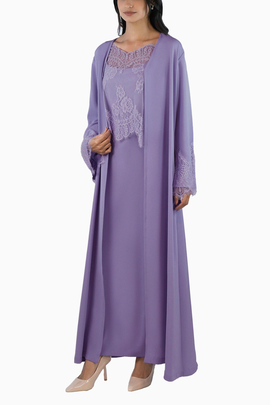 Shaden Lavender- Lace Abaya with Lace Inner Dress Set