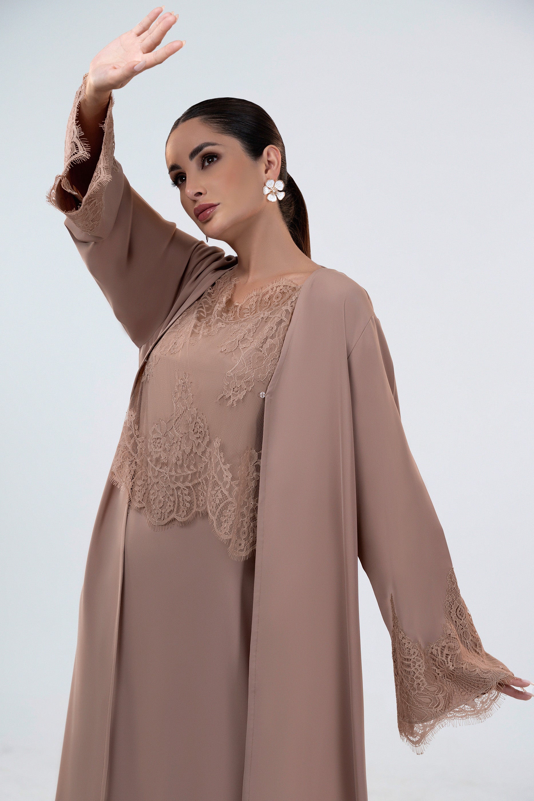 Shaden Ruby- Lace Abaya with Lace Inner Dress Set