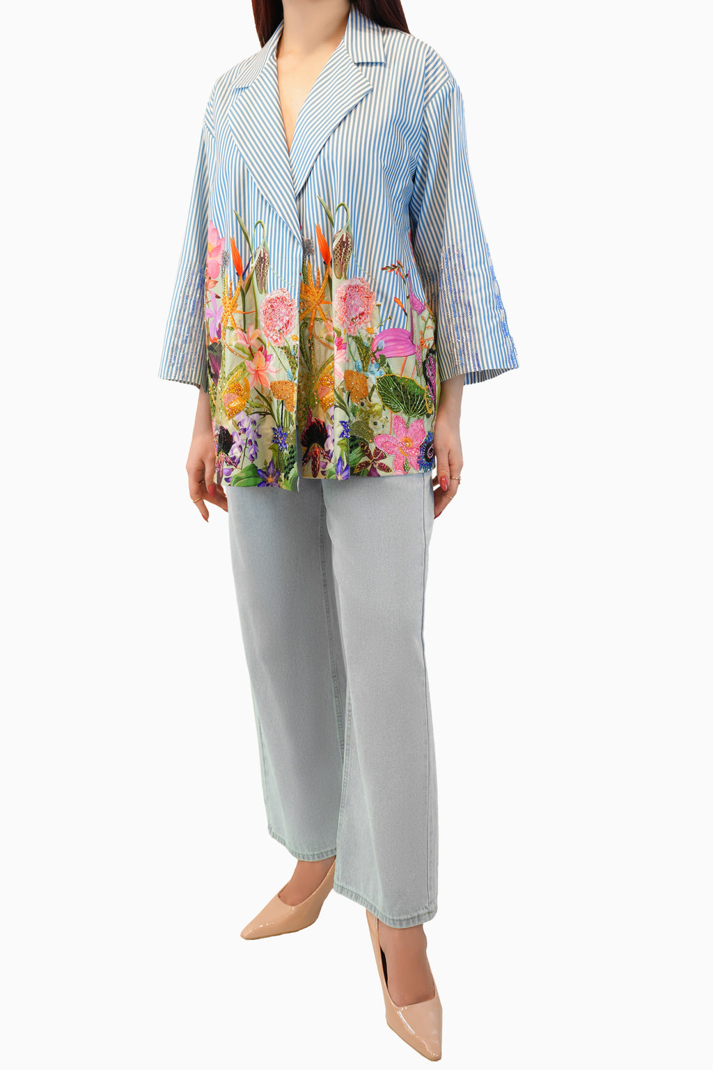 Yasma - Floral Embroidered Printed Long Sleeve Blazer Top