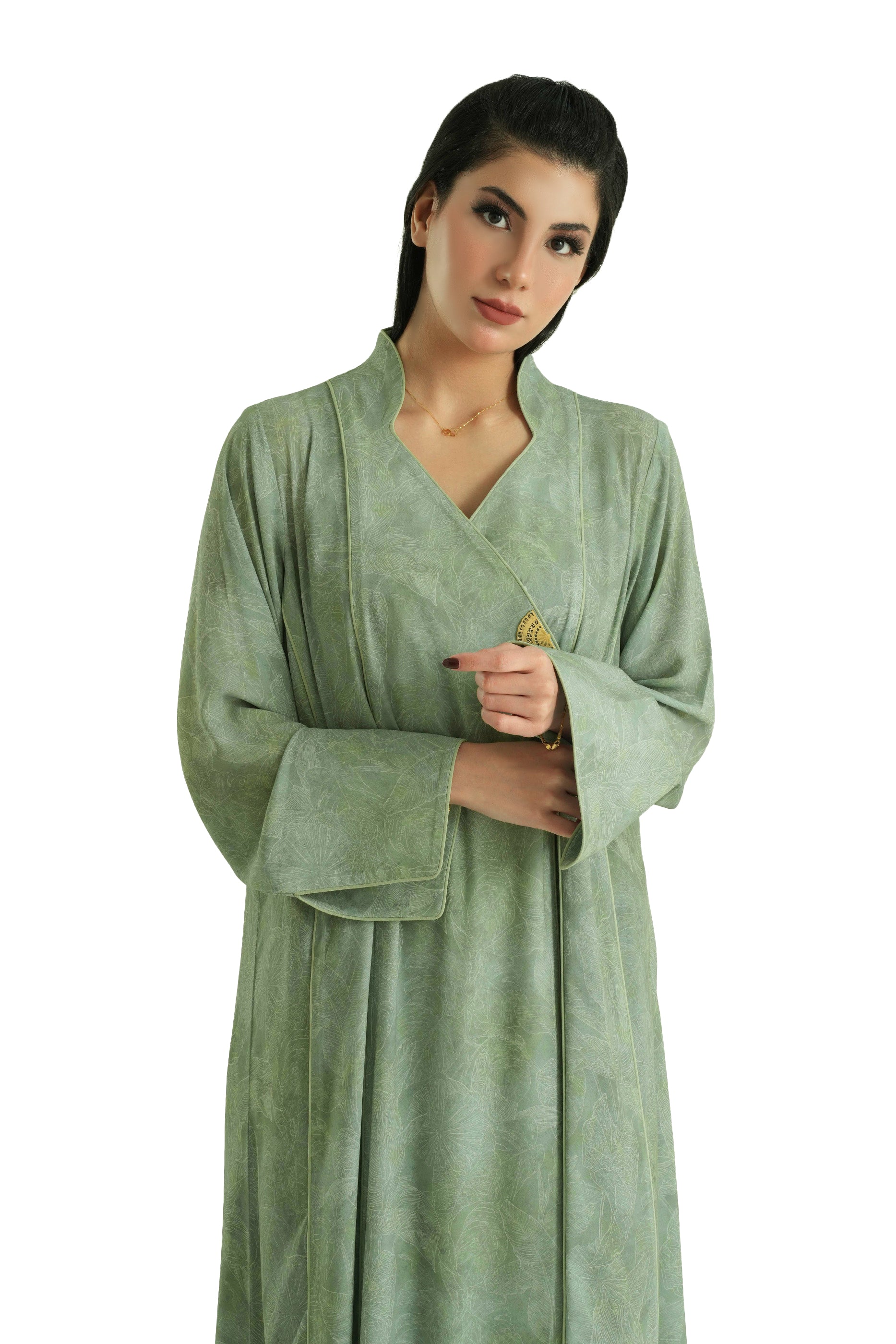 Visteria Mint - Mandarin Collar Printed Abaya