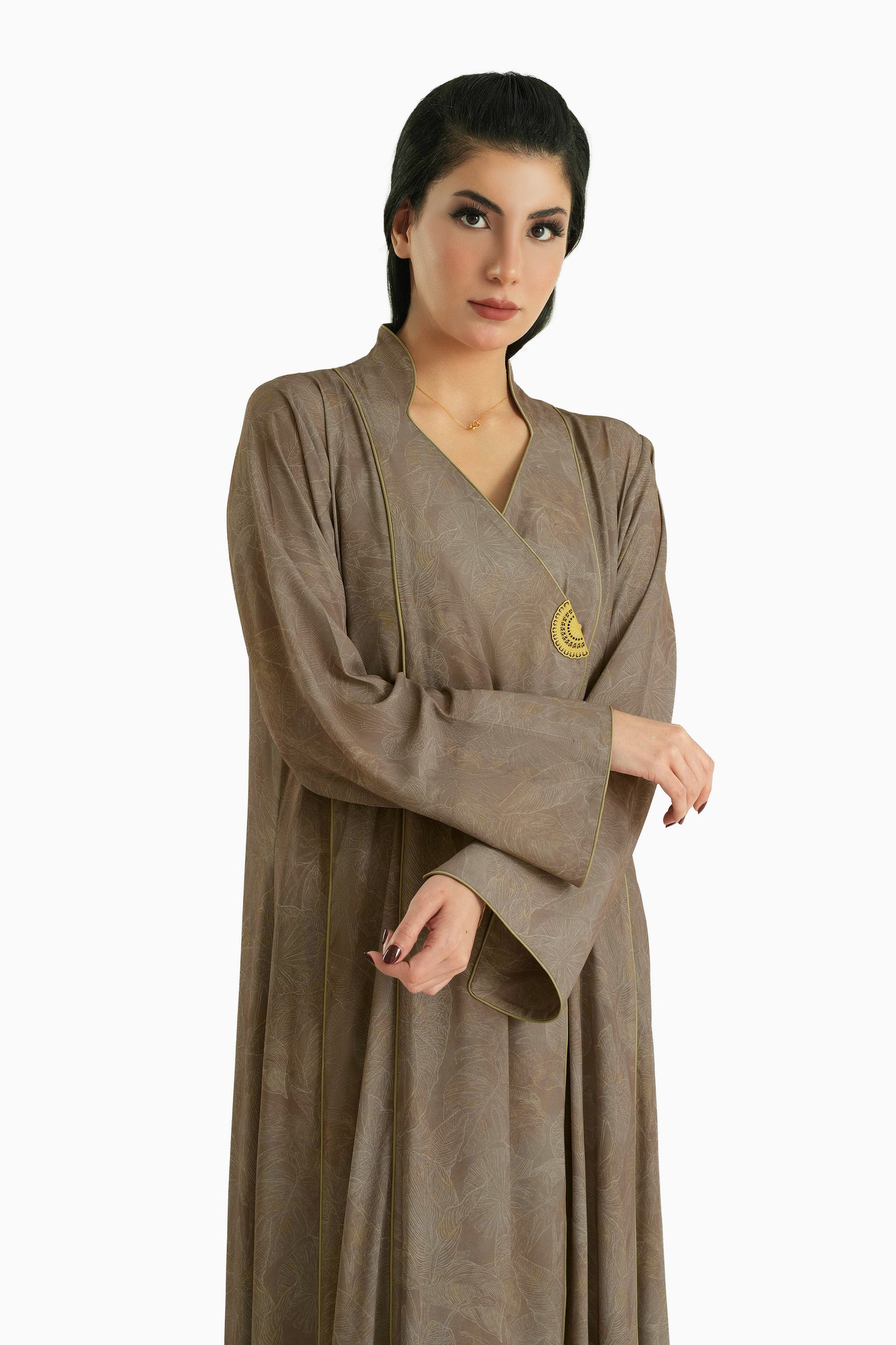 Visteria Sand - Mandarin Collar Printed Abaya