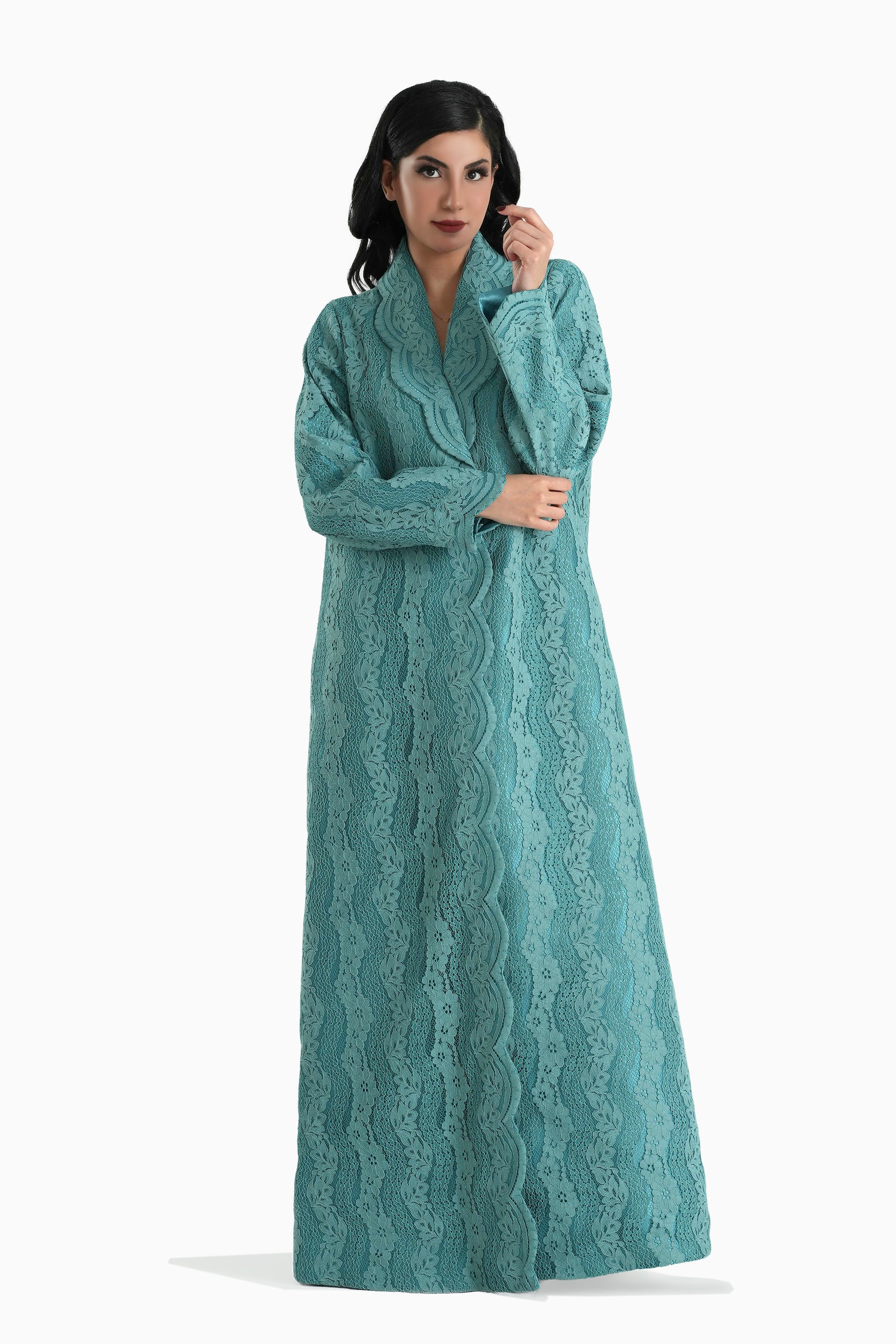 Sama Teal - Collared Floral Lace Scallop Abaya with Matching Shella