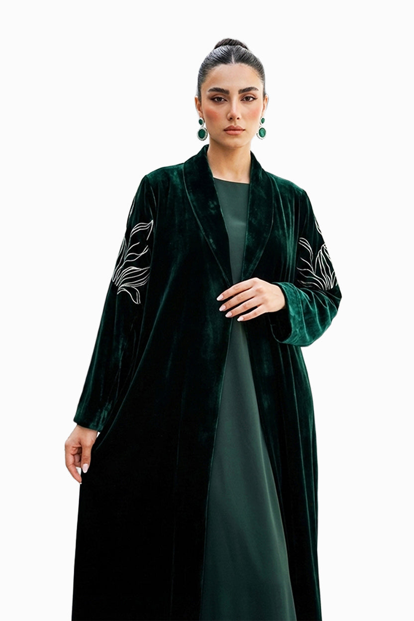 Warda Dark Emerald- Classic Velvet Abaya with Embroidery Detail