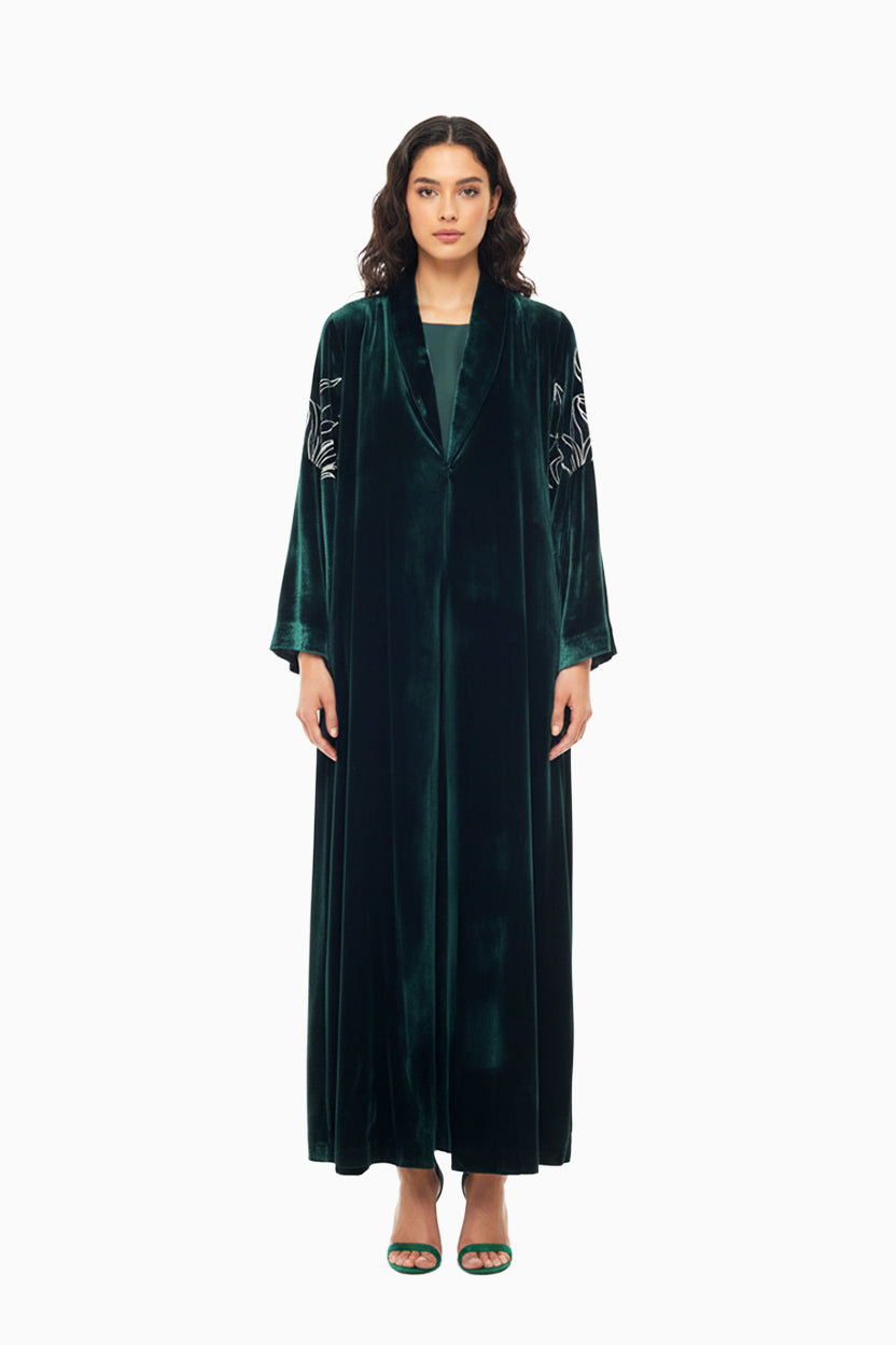 Warda Dark Emerald- Classic Velvet Abaya with Embroidery Detail