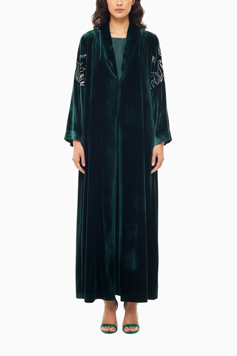 Warda Dark Emerald- Classic Velvet Abaya with Embroidery Detail