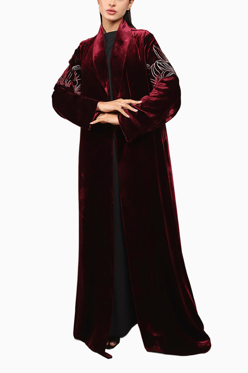 Warda Dark Maroon- Classic Velvet Abaya with Embroidery Detail