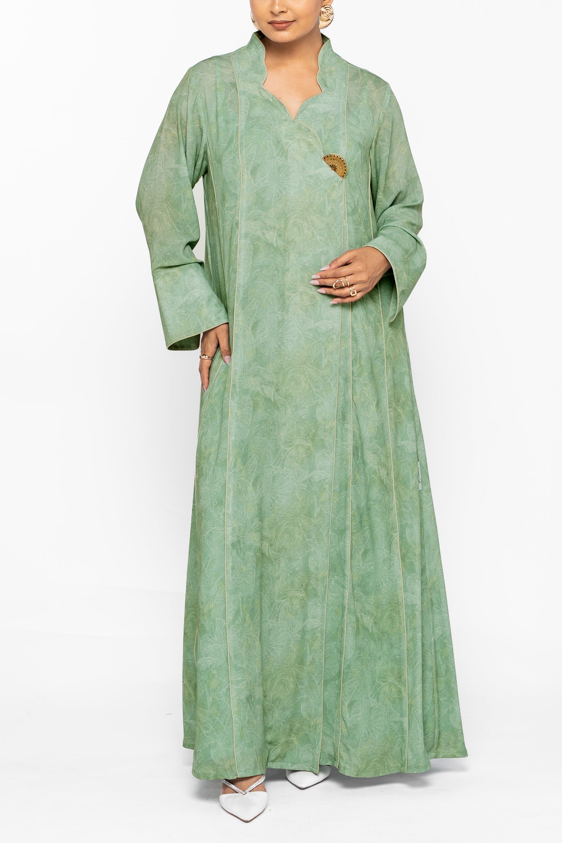 Wisteria Mint - Mandarin Collar Printed Abaya