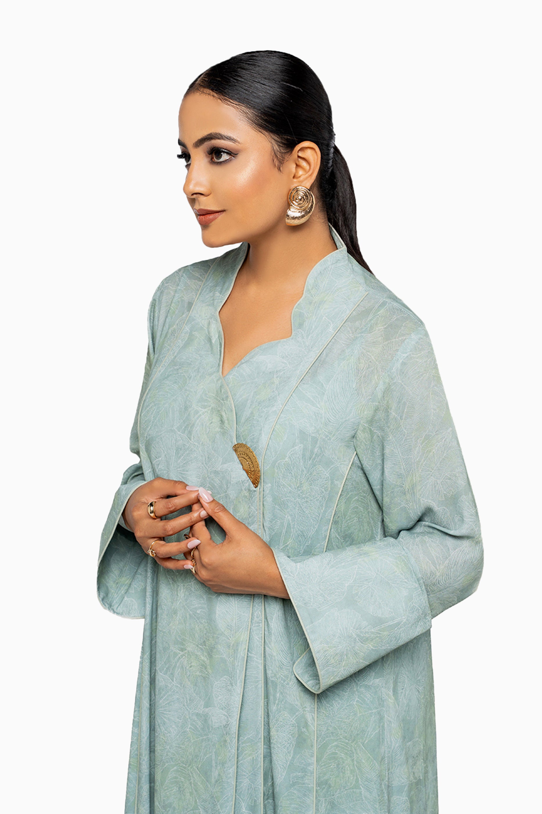 Wisteria Mint - Mandarin Collar Printed Abaya