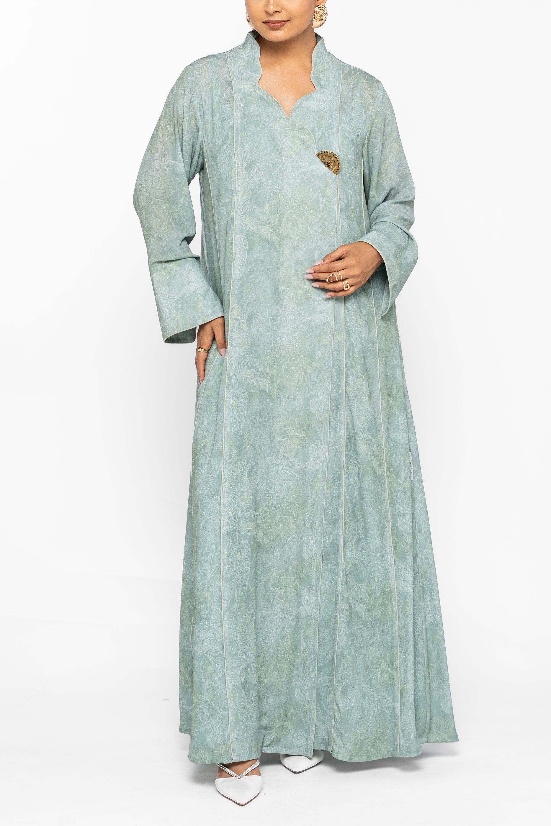 Wisteria Mint - Mandarin Collar Printed Abaya