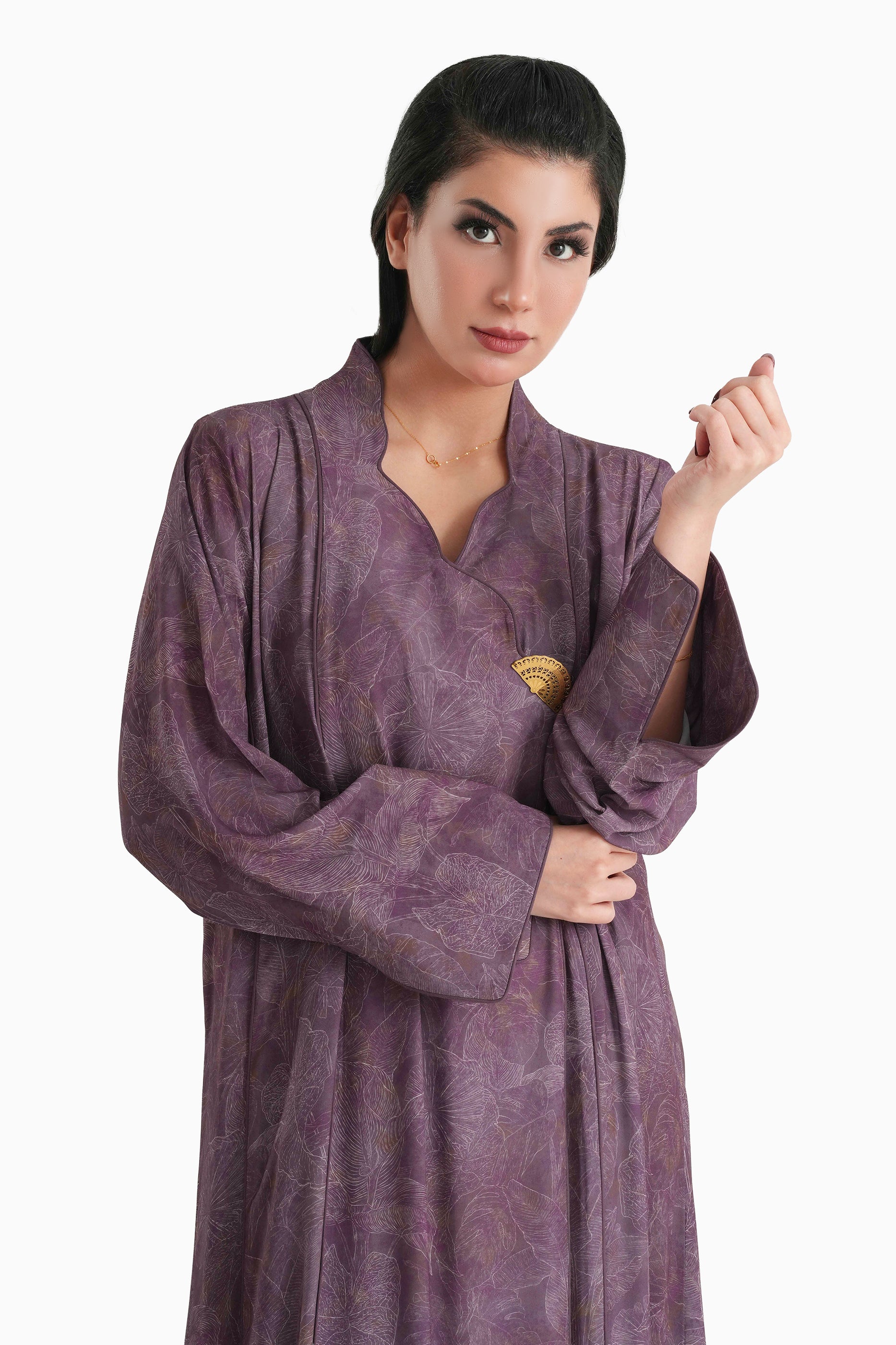 Wisteria Plum- Mandarin Collar Printed Abaya