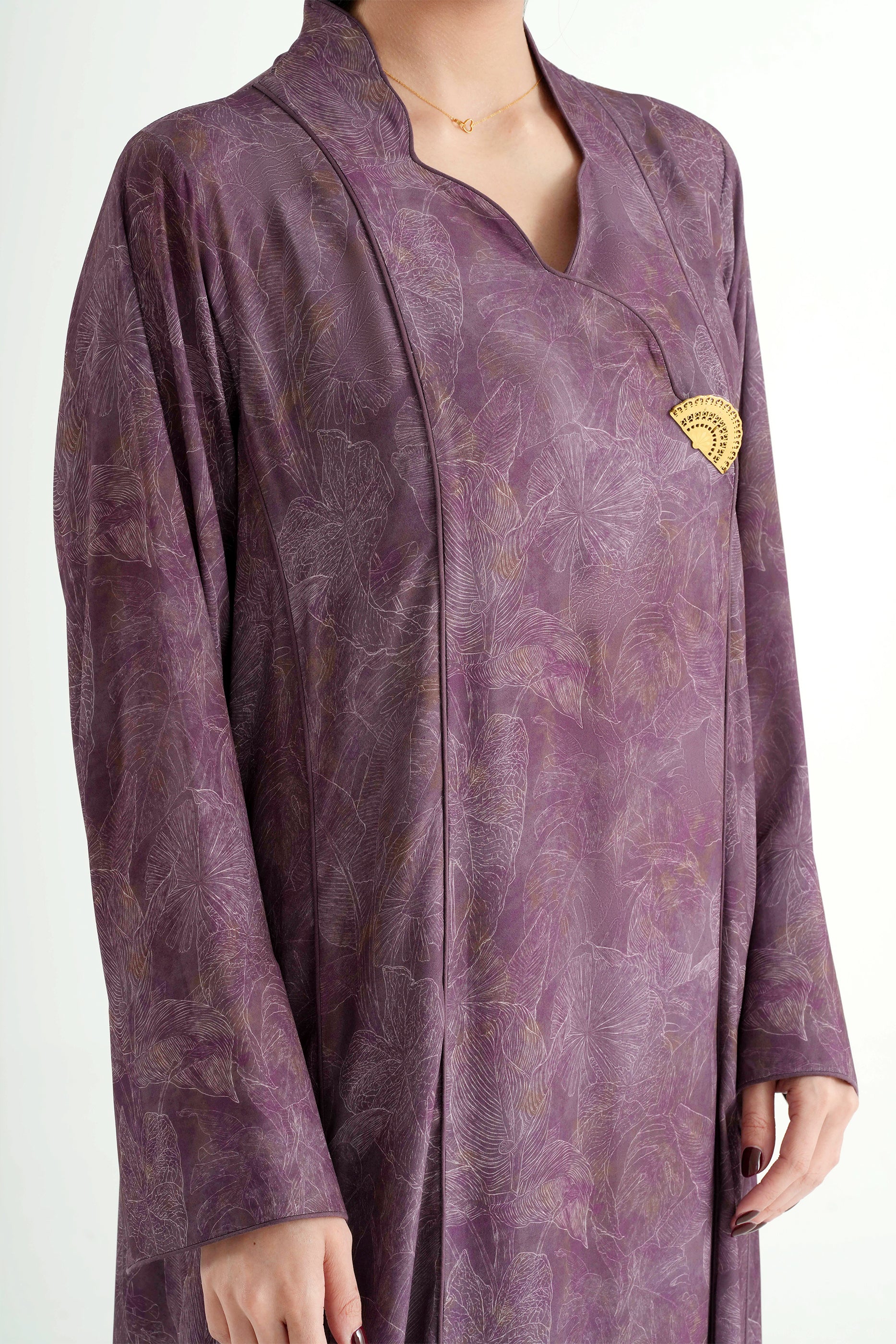 Wisteria Plum- Mandarin Collar Printed Abaya