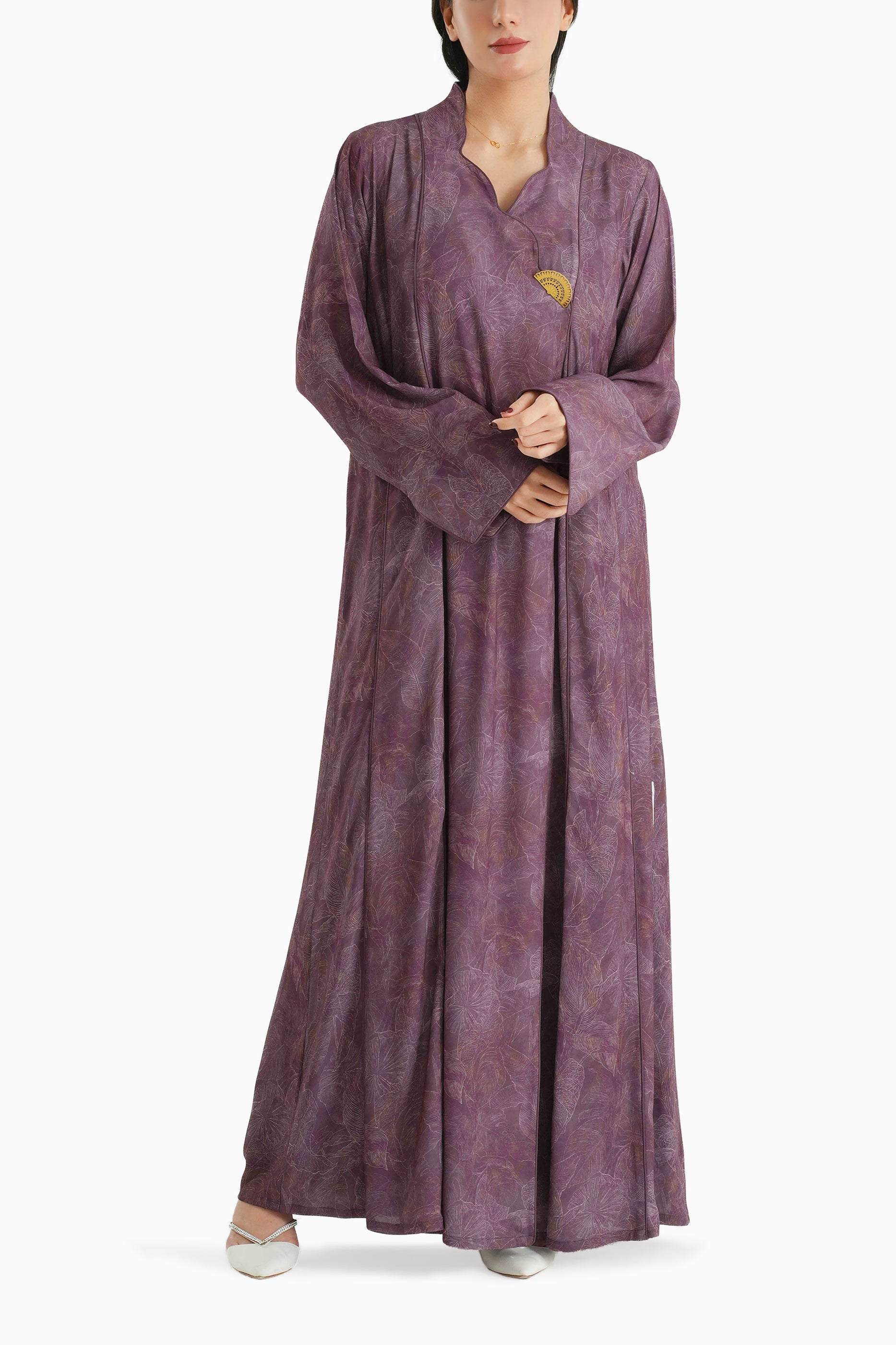 Wisteria Plum- Mandarin Collar Printed Abaya