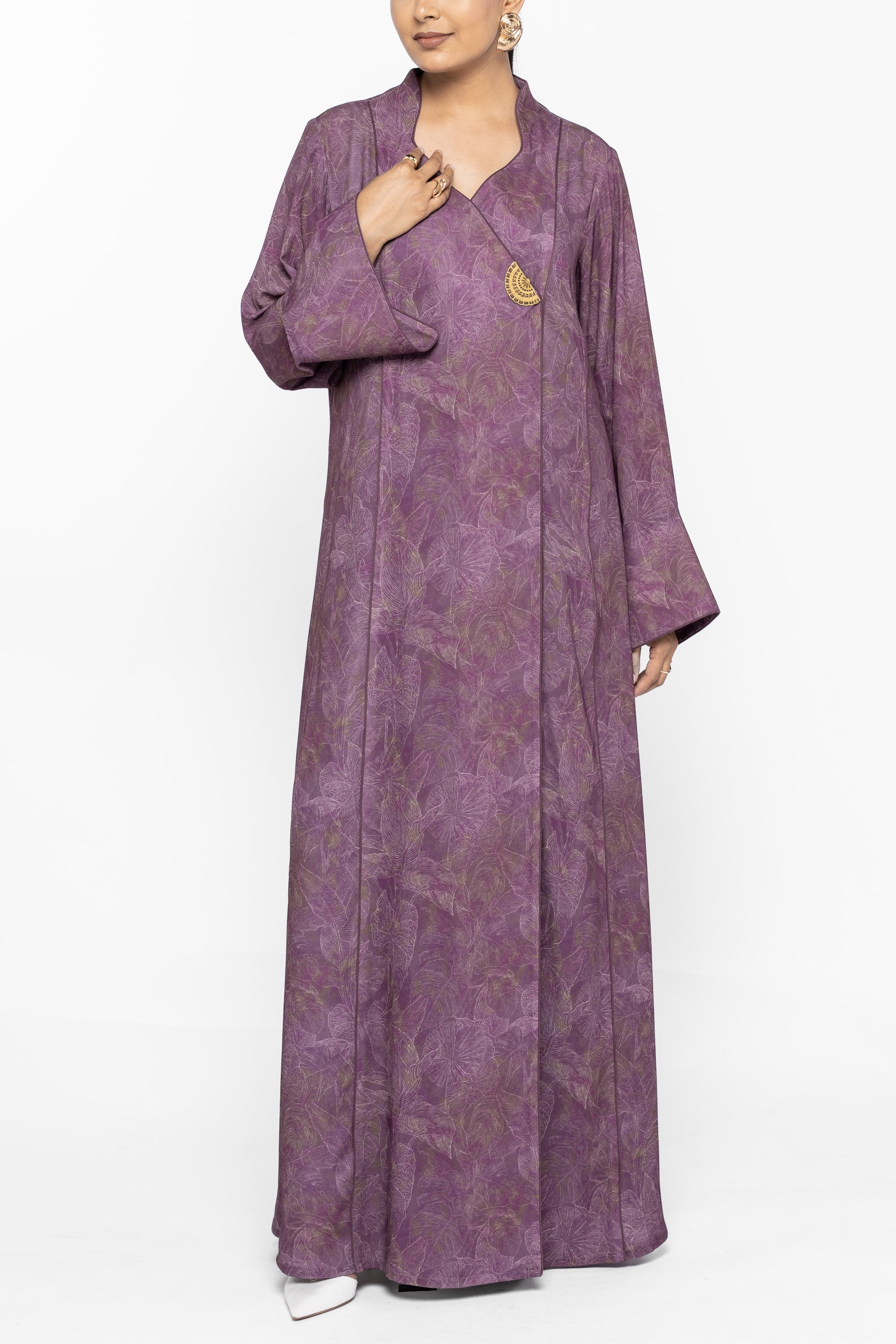 Wisteria Plum - Mandarin Collar Printed Abaya