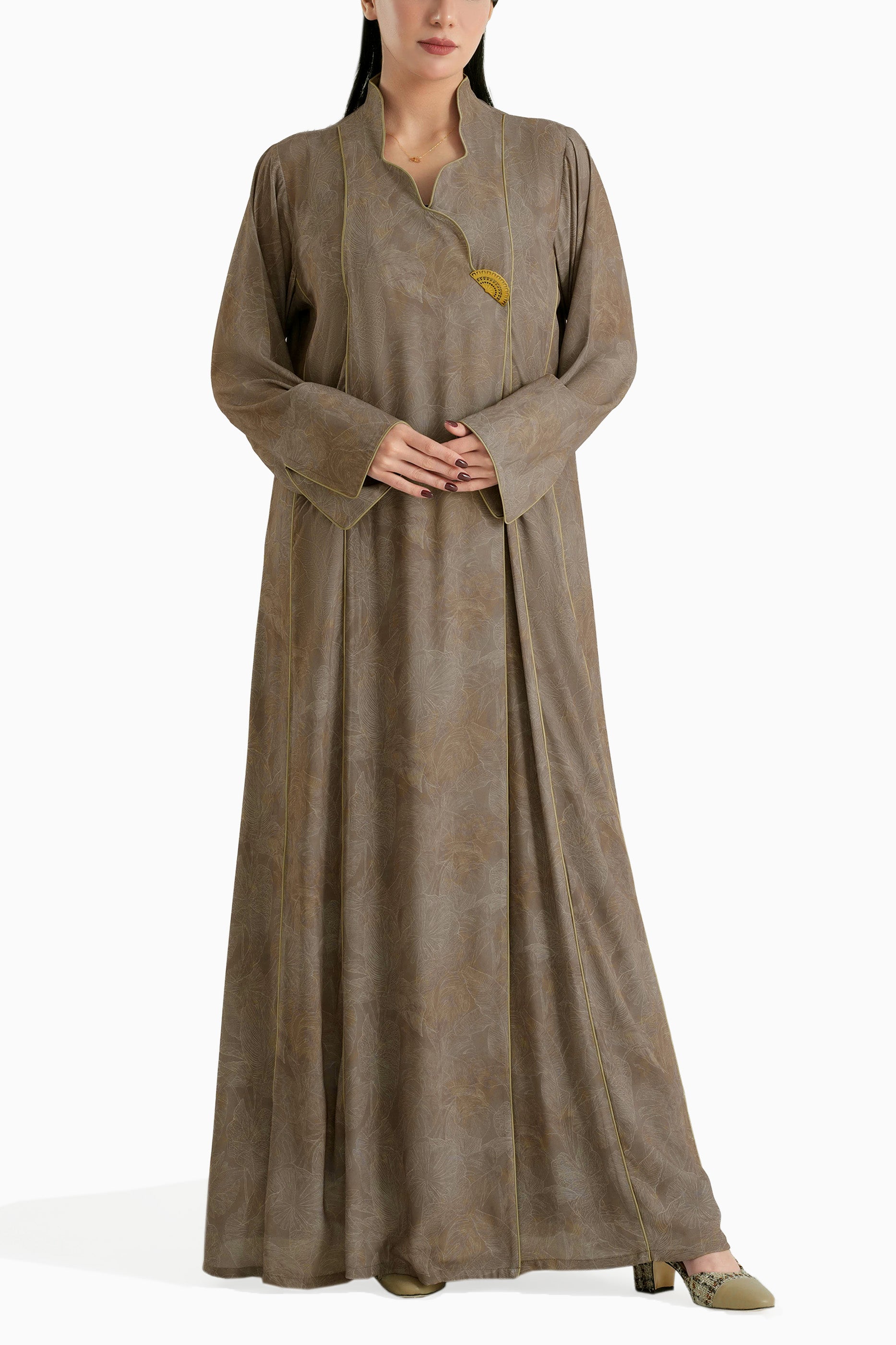 Wisteria Sand- Mandarin Collar Printed Abaya