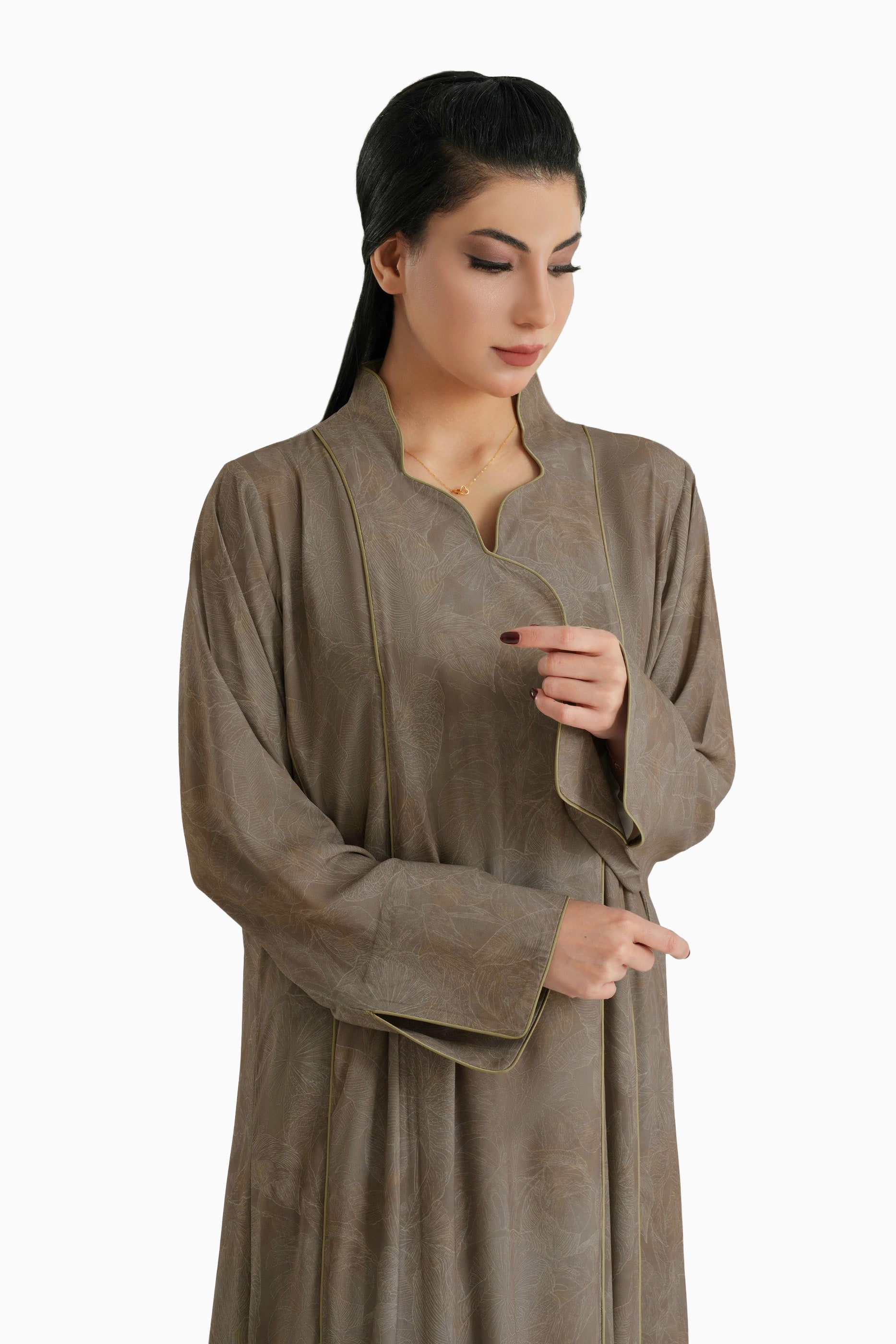 Wisteria Sand- Mandarin Collar Printed Abaya