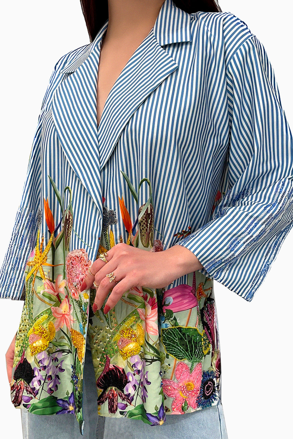 Yasma - Floral Embroidered Printed Long Sleeve Blazer Top
