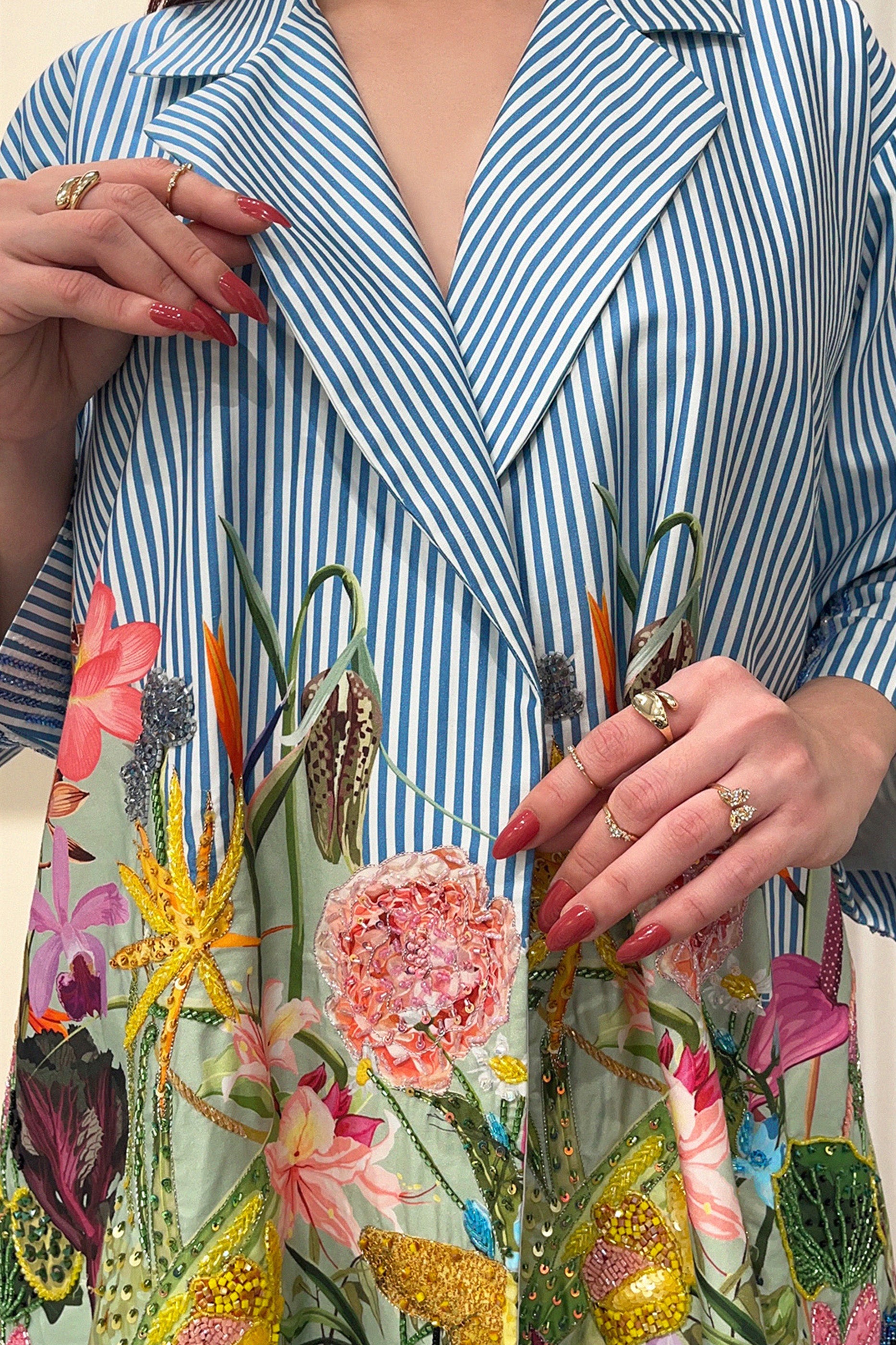 Yasma - Floral Embroidered Printed Long Sleeve Blazer Top